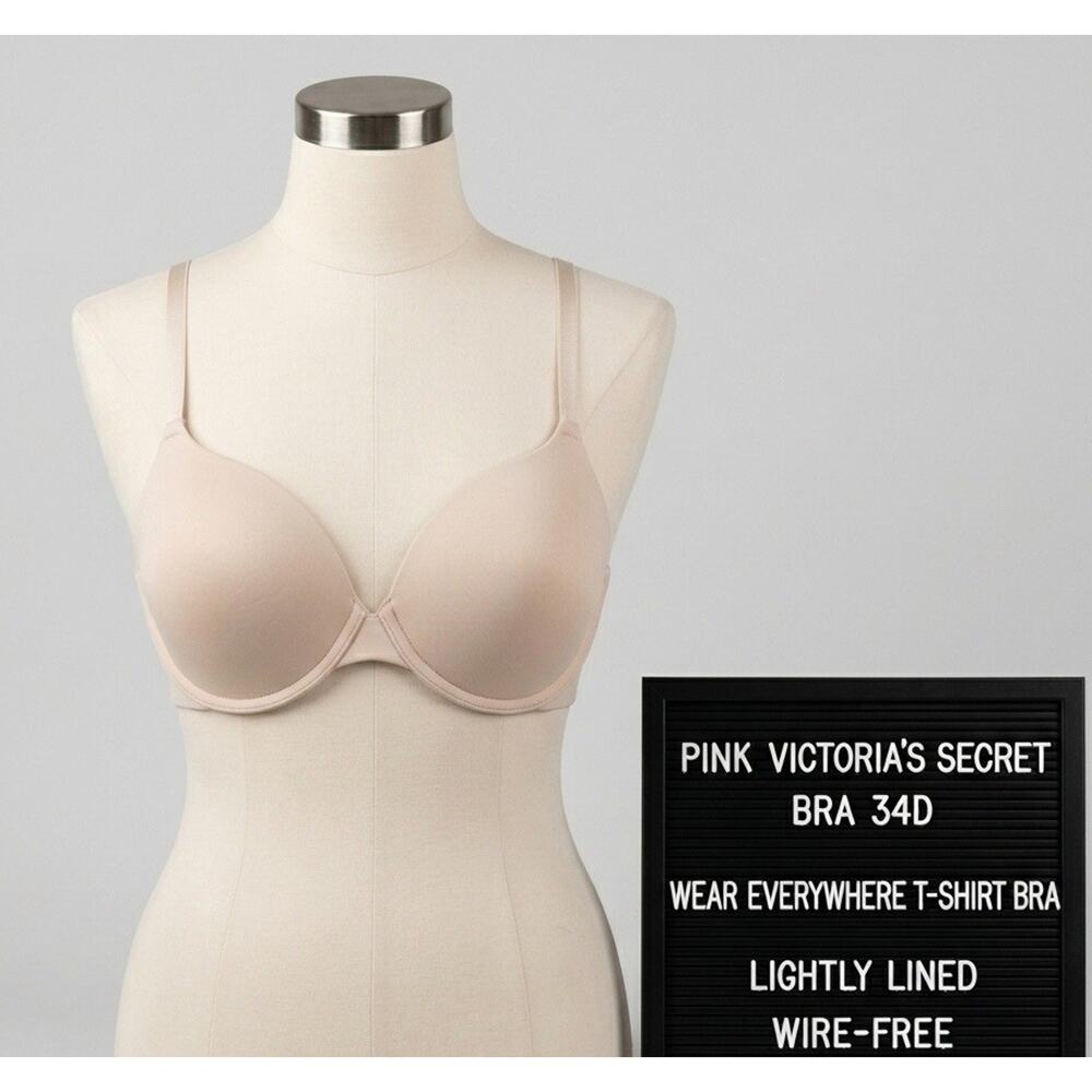 PINK Victoria's Secret 34D Bra Beige Tan Nude Wear Everywhere T-Shirt